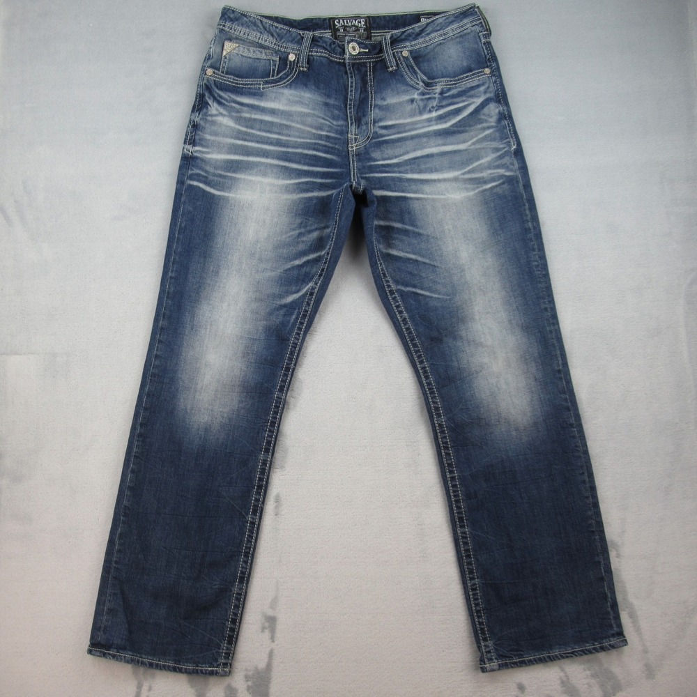 Salvage Anarchy Straight Relaxed Fit Jeans Mens 35x31 Blue Whiskered Buckle SLVG